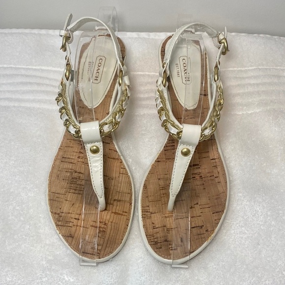 Coach Garland ivory leather sandals with gold‎ chain detail women’s size 10 - Picture 1 of 9